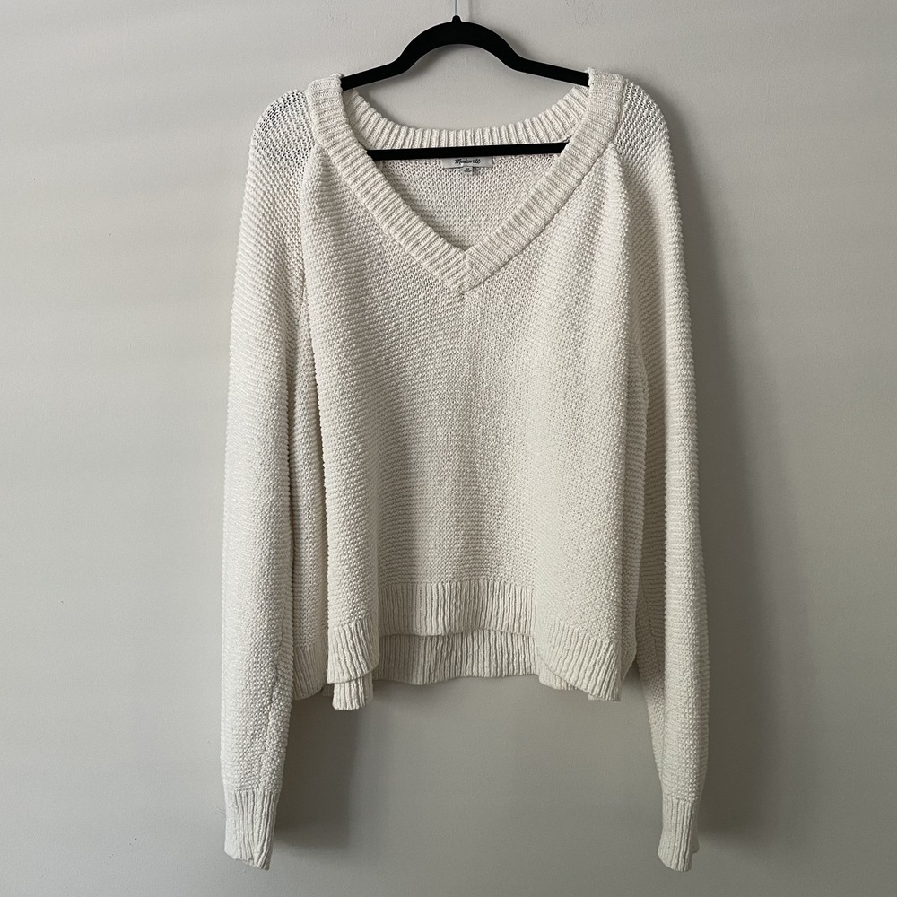 Madewell Arden V-Neck Crop Pullover Sweater Ivory 2X Textured Minimalist Coastal